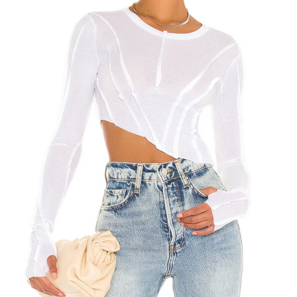 Sami Miro Vintage Long Sleeve Asymmetric Baby Rib Top White XS